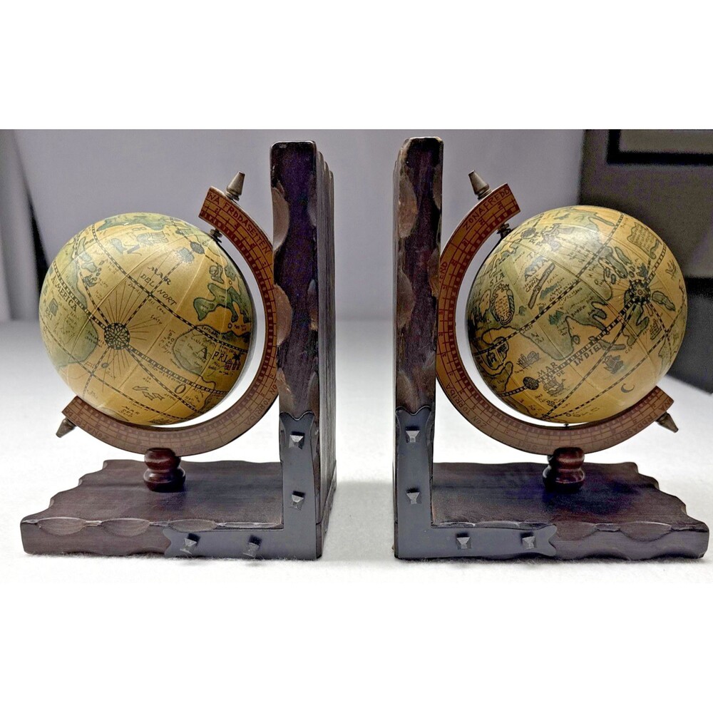 Vintage MCM Tilso Japan Wooden & Metal Old World Globe Bookends.